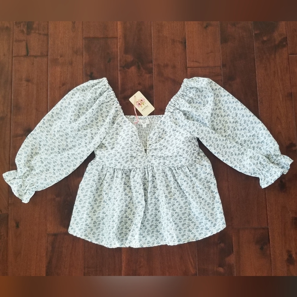 ENTRO Floral Visions Smocked Blouse - Blue & White Baby Doll Peplum Top - Size L